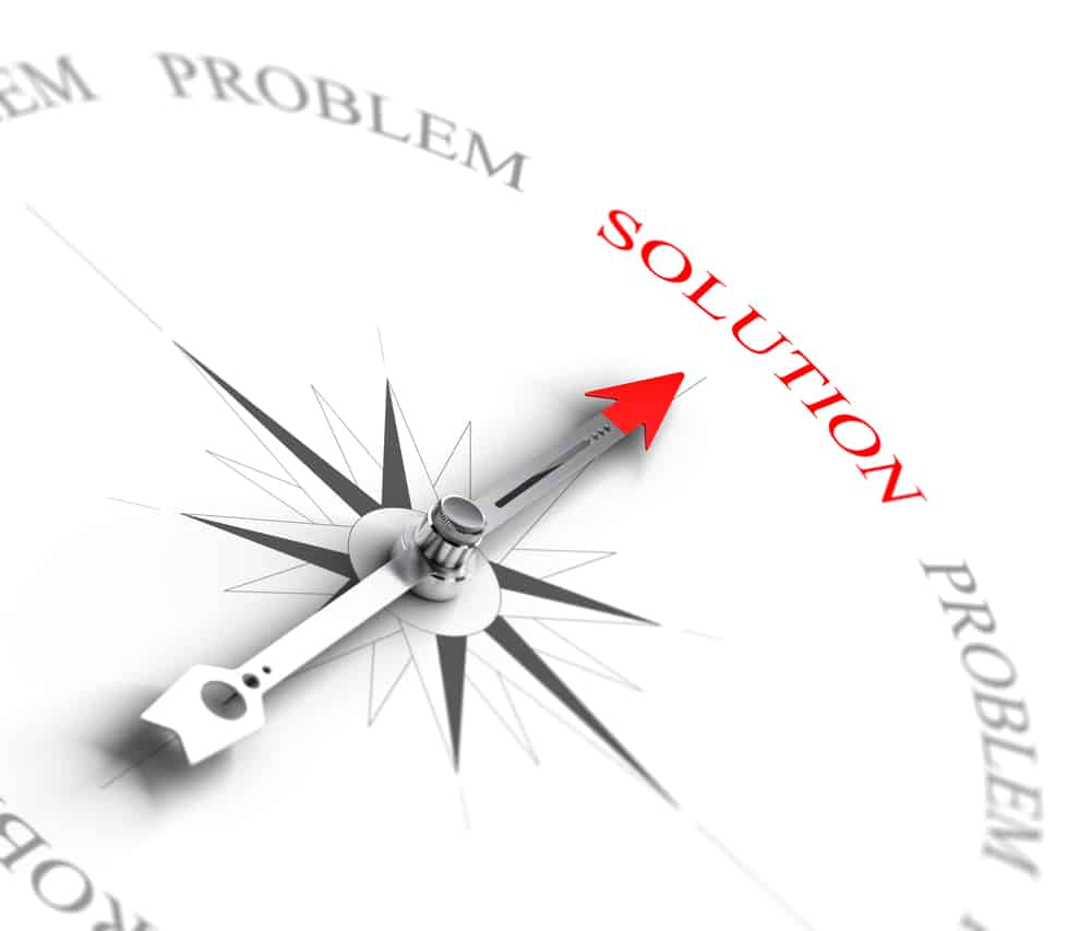 Compass with arrow pointing to the word solution vs problems. 3D render image suitable for business consulting concept, 3D render with depth of field effect