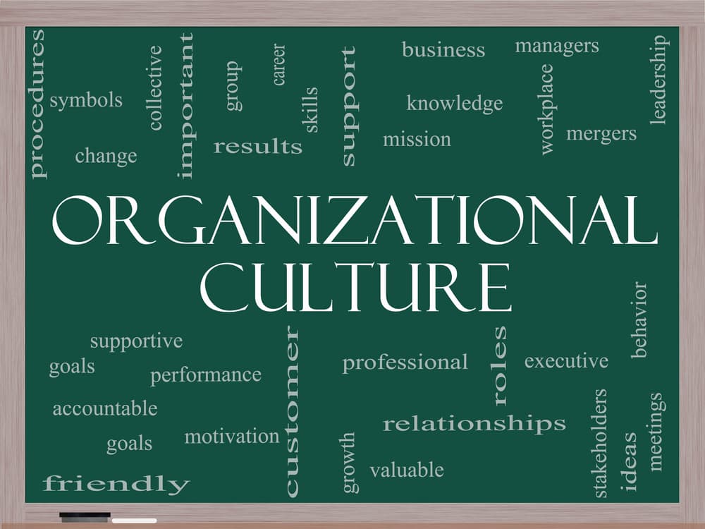 Organizational Culture Word Cloud Concept on a Blackboard with great terms such as roles, executive, mergers, mission and more.